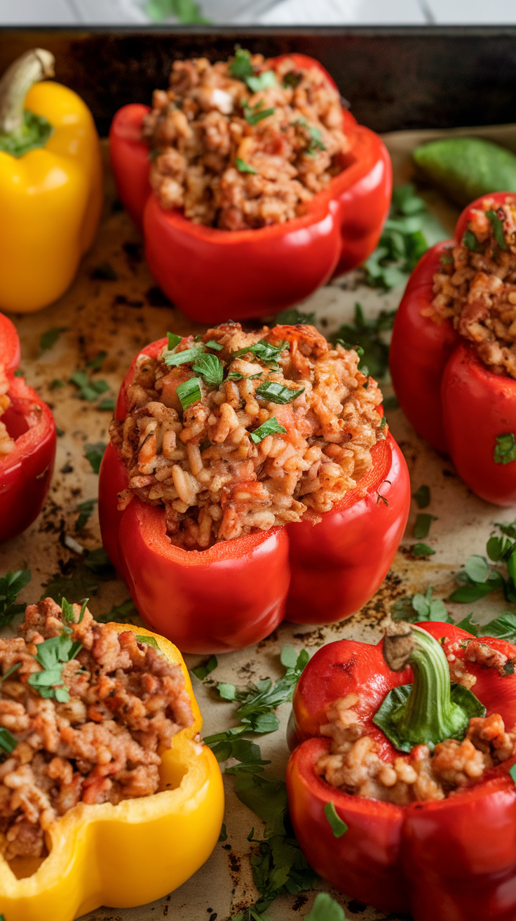 A tray of stuffed bell peppers filled with turkey and rice, garnished with fresh herbs.