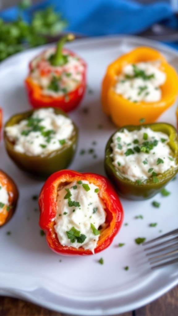 A plate of stuffed mini bell peppers with creamy filling and herbs on top.