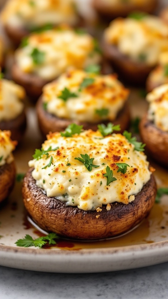 A plate of stuffed mushrooms topped with a creamy filling and garnished with parsley.