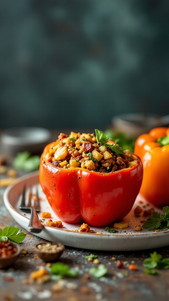 Close-up of stuffed bell peppers on a plate, filled with a savory mixture and garnished with herbs.