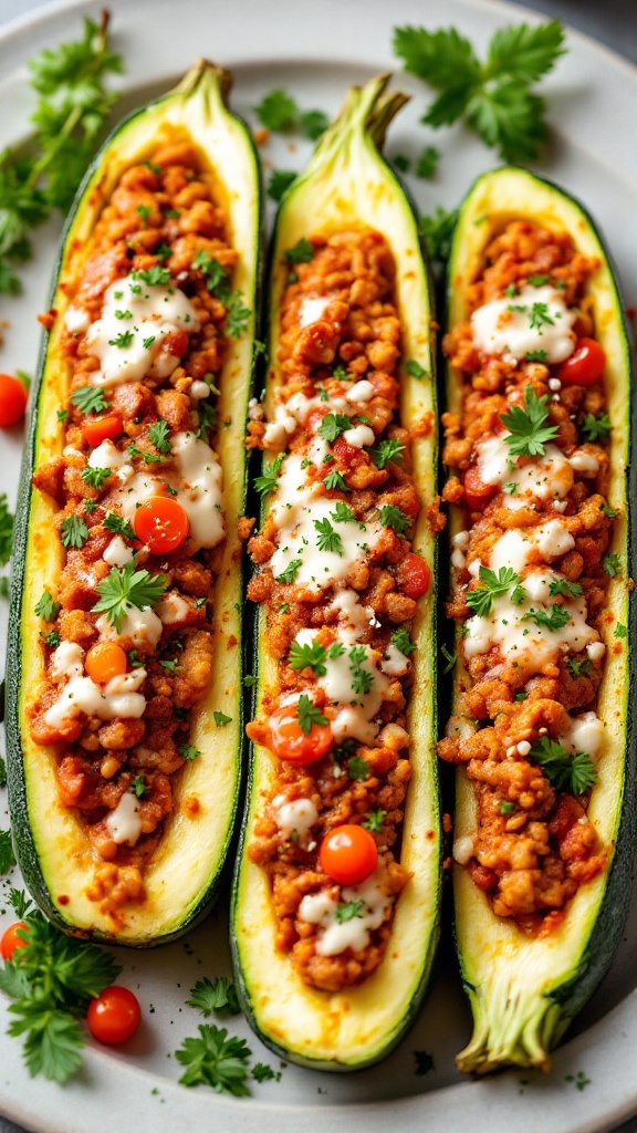 Stuffed zucchini boats filled with meat and topped with sauce and herbs.