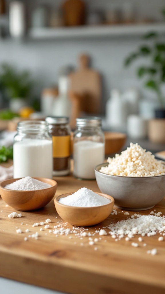 A display of various sugar substitutes in bowls on a wooden surface.