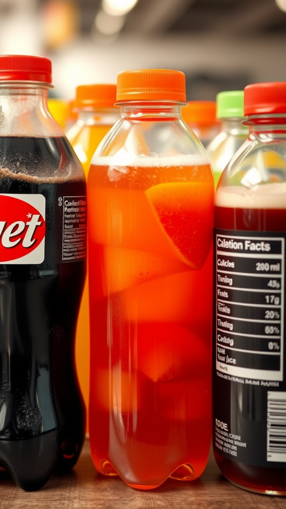 A collection of colorful bottles of sugary beverages, including cola and fruity drinks, showcasing their vibrant appearance.