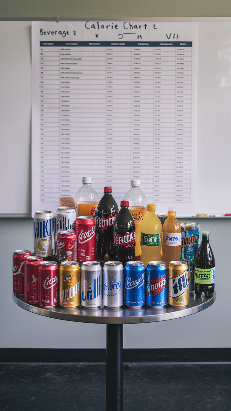 A display of various sugary beverages with a calorie chart in the background