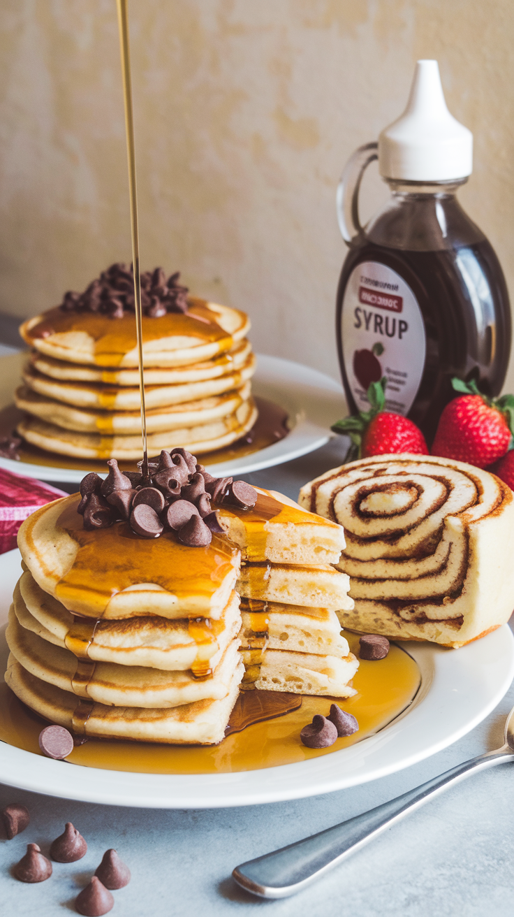 Fluffy pancakes with syrup and chocolate chips, alongside a cinnamon roll cake and fresh strawberries.