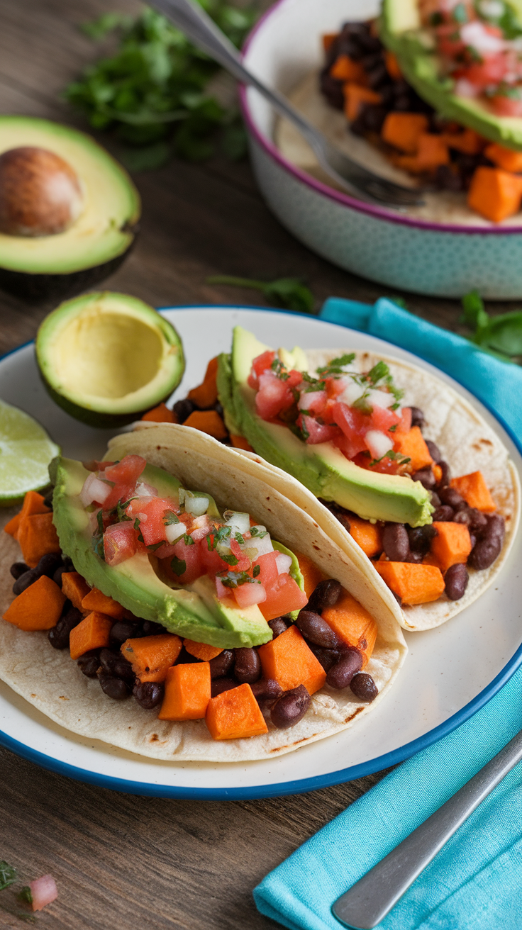 Two tacos filled with sweet potatoes, black beans, avocado, and pico de gallo on a plate with lime and avocado halves in the background.