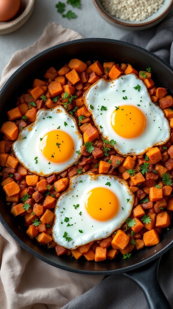 A skillet filled with sweet potato hash topped with eggs and parsley