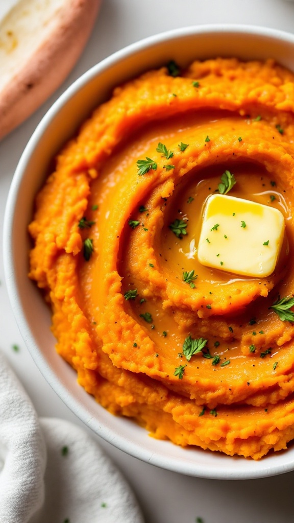 A bowl of creamy sweet potato mash topped with a pat of butter and sprinkled with parsley.