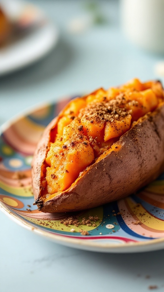 Baked sweet potato filled with orange flesh and sprinkled with spices on a colorful plate.