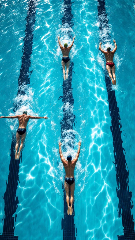 Four swimmers competing in a pool, showcasing their strokes in a coordinated manner.