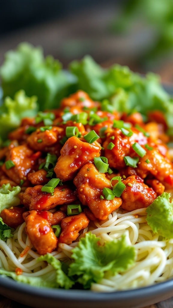 A plate of Szechuan Spicy Chicken served with noodles and garnished with green onions and lettuce.