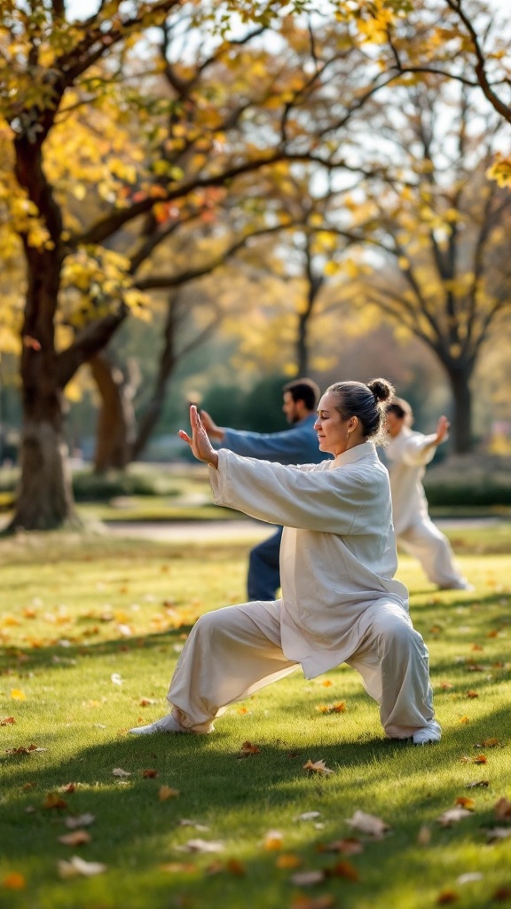 People practicing Tai Chi in a park during autumn.