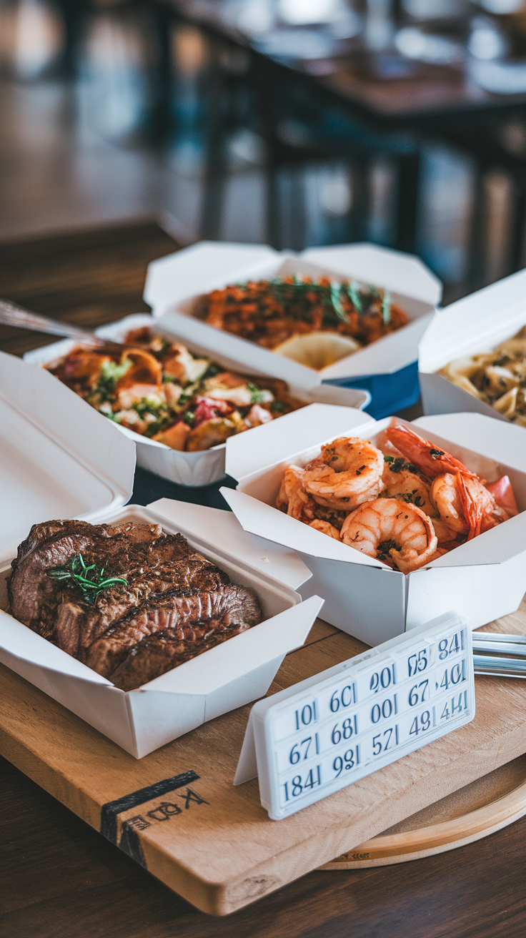 A variety of takeout food containers including steak, shrimp, and side dishes on a wooden board.