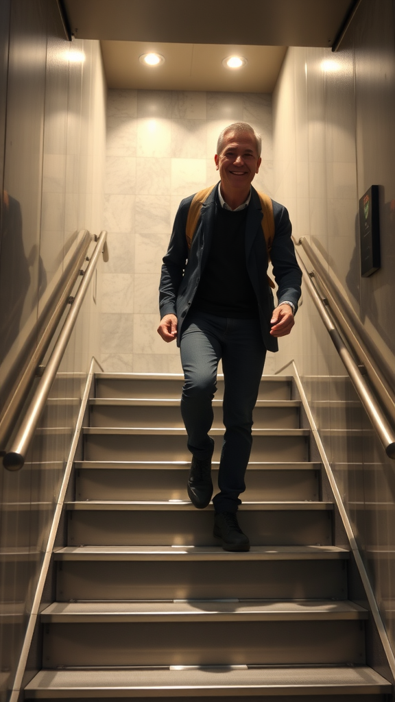 A person smiling while walking up a flight of stairs, highlighting the benefits of taking stairs over elevators.