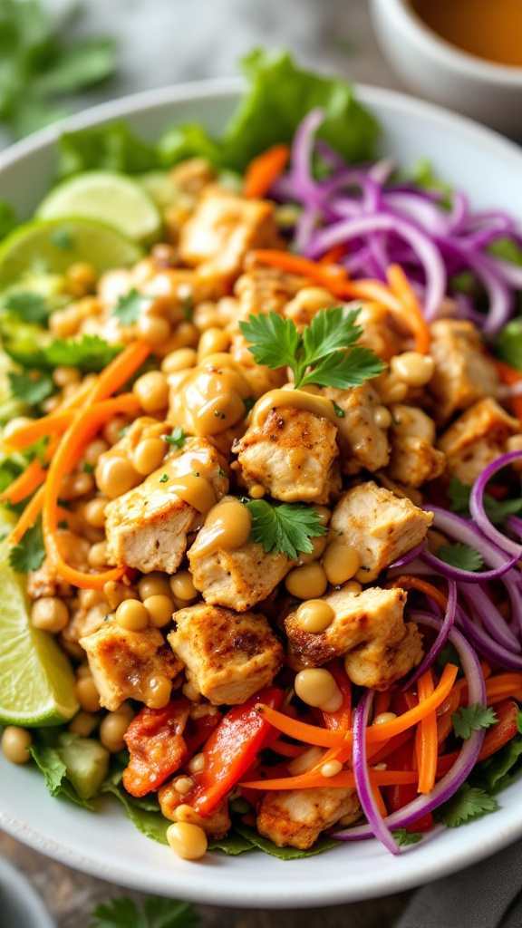 A colorful Thai chicken salad featuring grilled chicken, vegetables, and chickpeas on a bed of greens.