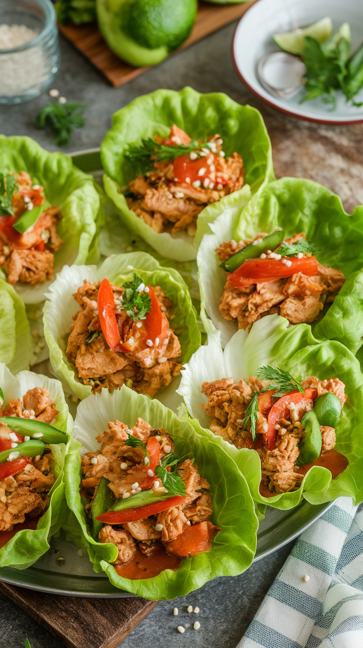 A platter of Thai lettuce wraps filled with seasoned chicken and vegetables.