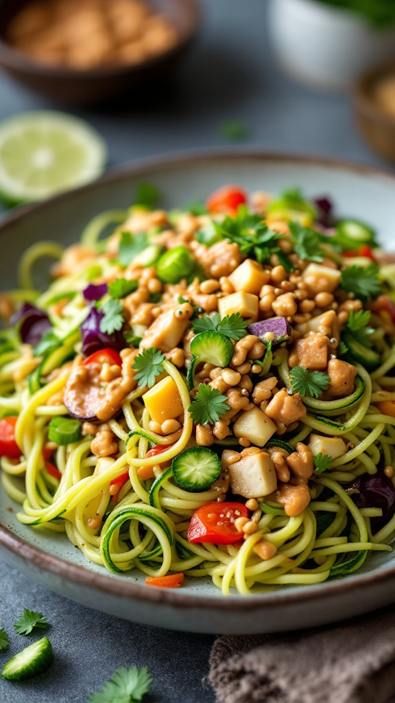 A colorful bowl of Thai Peanut Zoodle Salad with vibrant vegetables and a creamy peanut dressing.