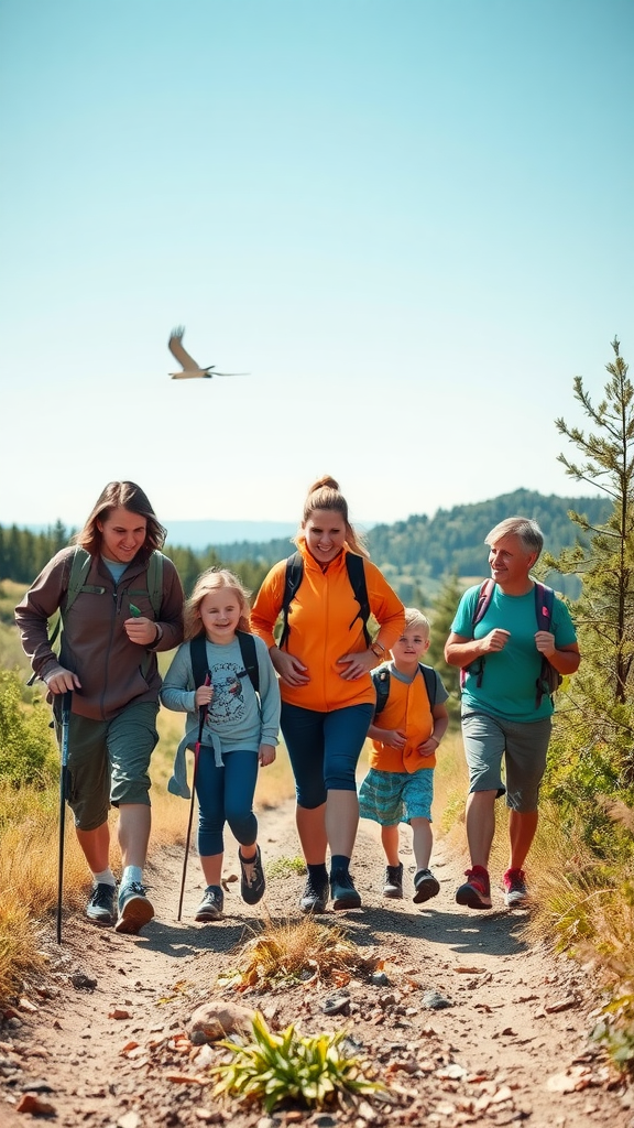 A happy family hiking on a sunny day, enjoying nature together with smiles.