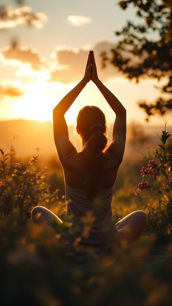 A person practicing yoga or meditation outdoors during a sunset, surrounded by nature.