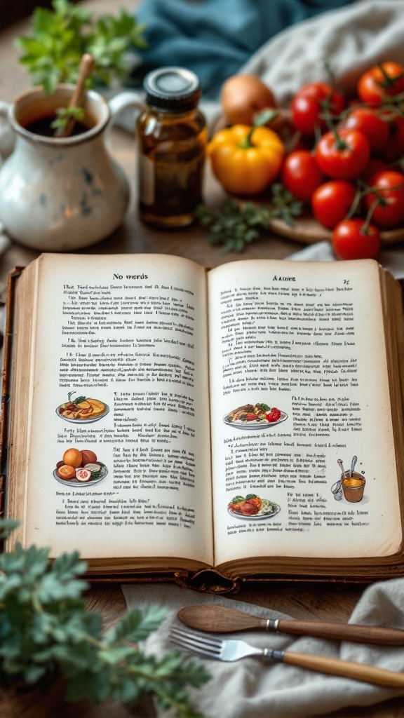 An open vintage cookbook with illustrations of food, alongside fresh ingredients and a cup of coffee