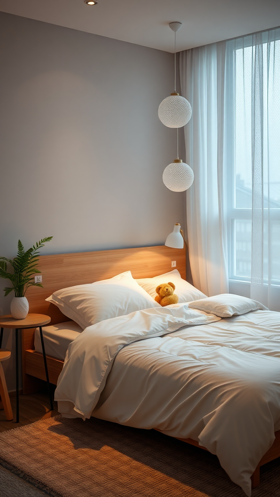 Cozy bedroom with a comfortable bed, soft lighting, and a teddy bear.