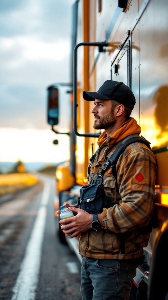 A truck driver sitting on the ground next to his truck, enjoying a snack and drinking water.