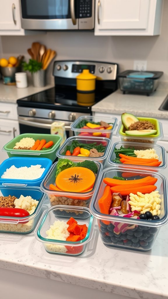 Organized meal prep containers filled with vegetables, grains, and fruits on a kitchen counter.