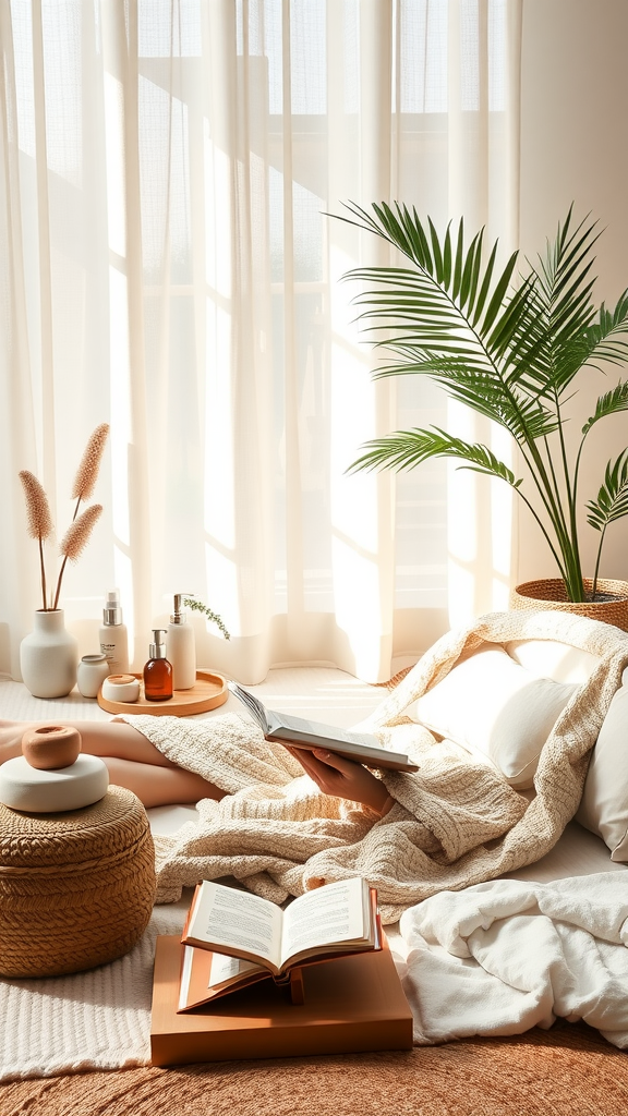 A cozy self-care space with plants, books, and beauty products, illuminated by sunlight