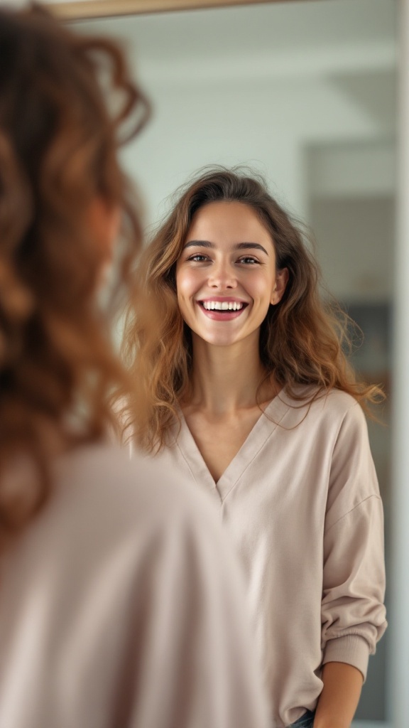 A smiling woman looking at her reflection in the mirror, representing self-acceptance and positivity in weight loss.