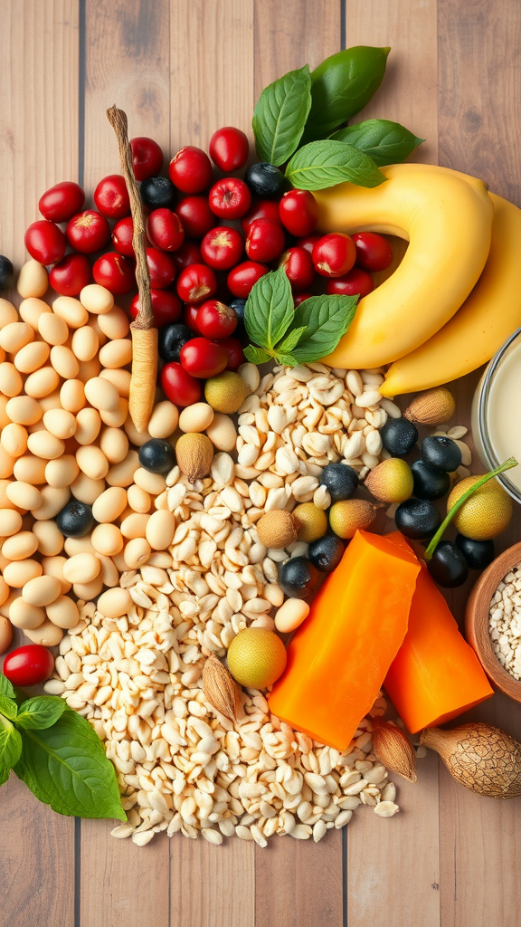 A variety of fiber-rich foods including fruits, nuts, and grains arranged on a wooden surface.