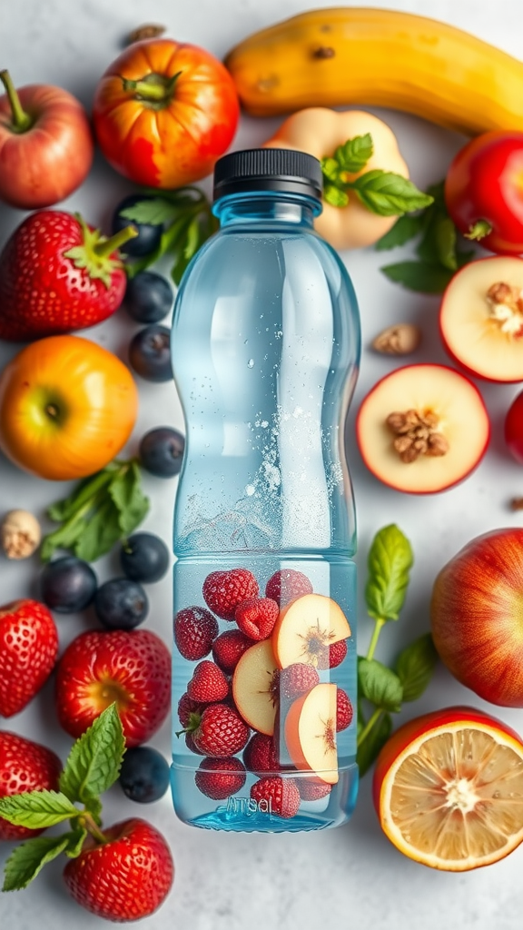 A bottle of water infused with raspberries and apple slices surrounded by fresh fruits like strawberries, blueberries, and a banana.