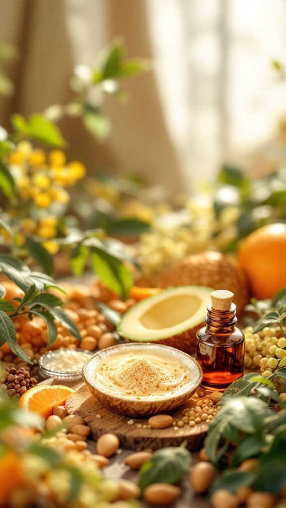 A selection of natural ingredients including oils, nuts, and fruits arranged aesthetically to highlight their potential benefits in body shaping.