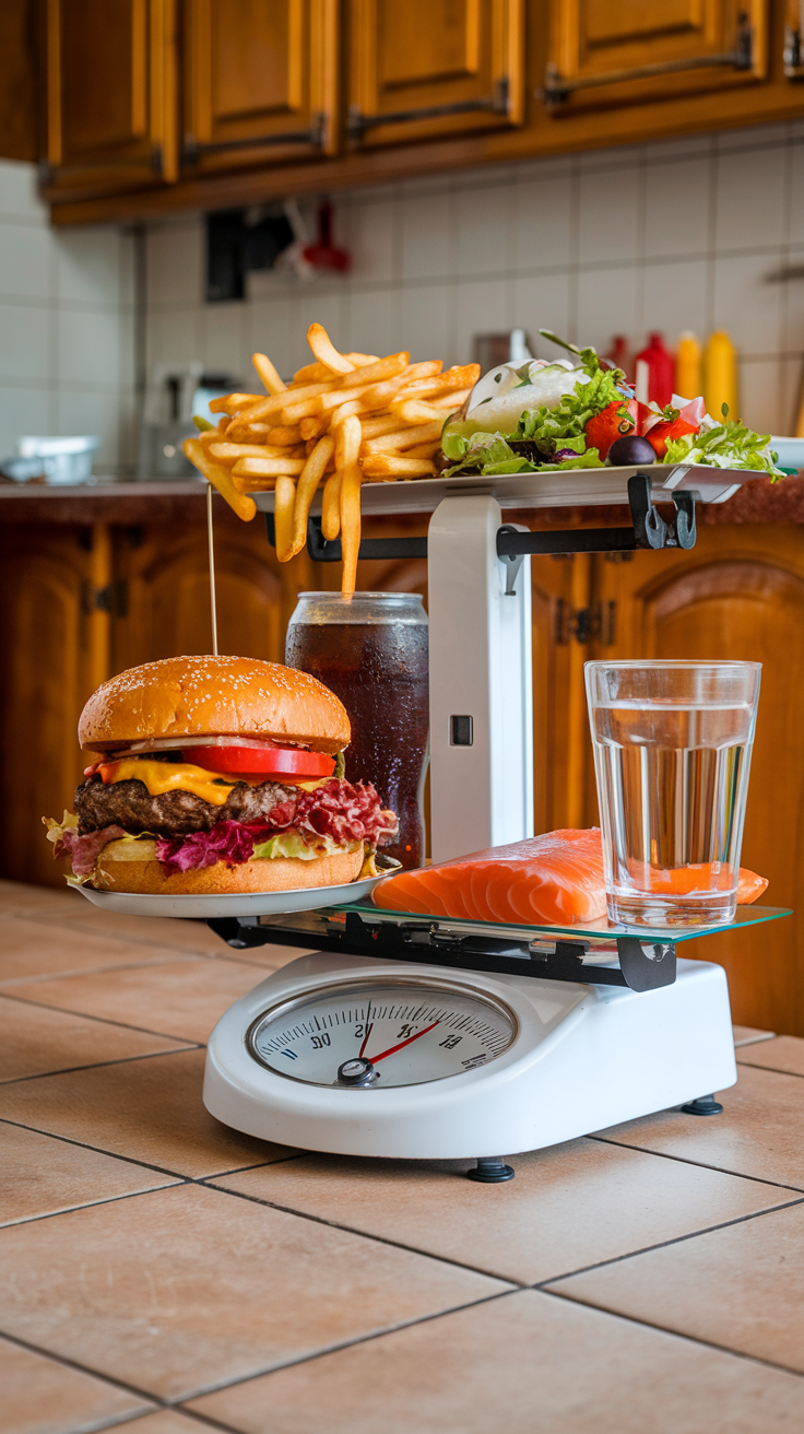 A kitchen scale balancing a burger with fries and a plate of salmon with salad.