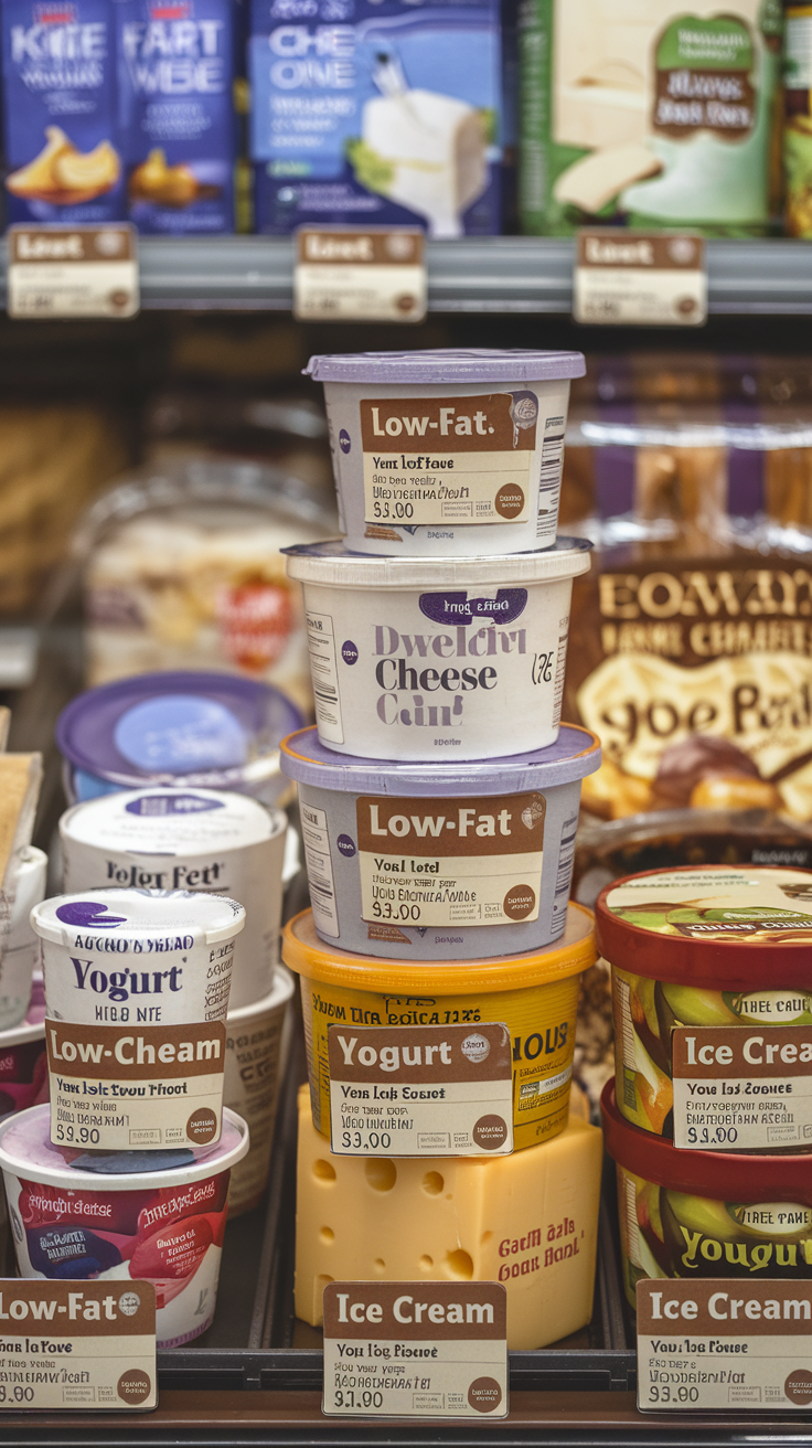 A grocery shelf displaying various low-fat food products including cheese, yogurt, and ice cream.