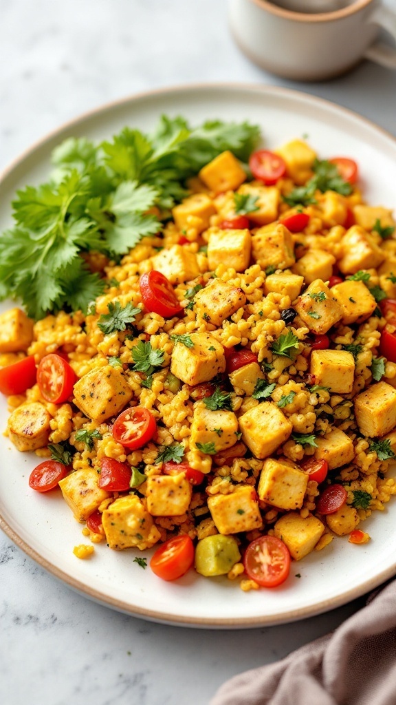 A plate of colorful tofu scramble with vegetables including cherry tomatoes and fresh herbs.