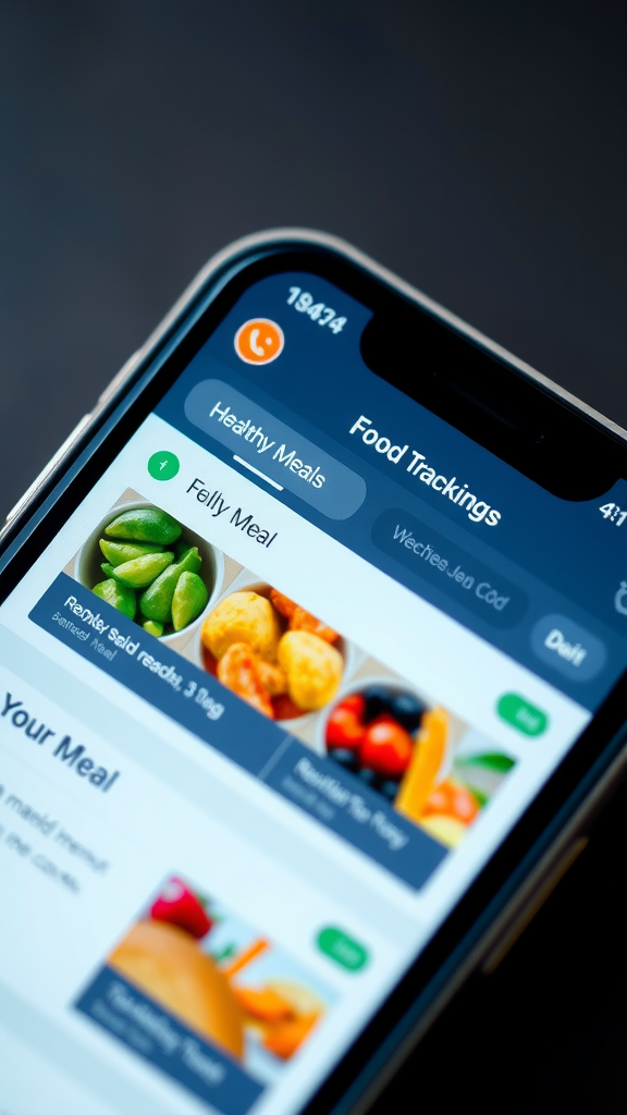 A mobile app interface for food tracking displaying healthy meals and meal options.