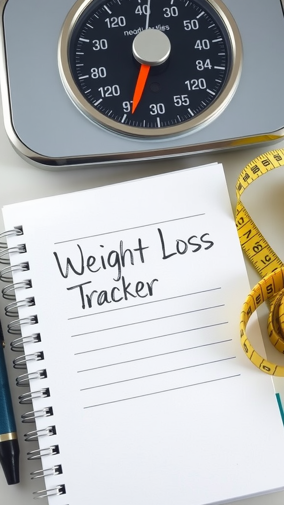 A weight loss tracker with a scale, notepad, and measuring tape.