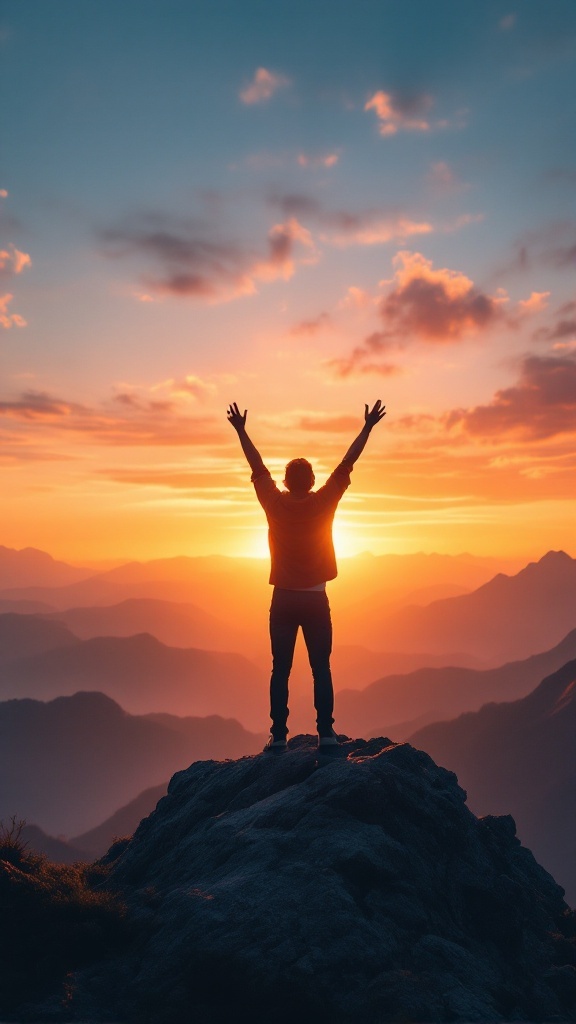 Person celebrating on a mountain peak during sunset