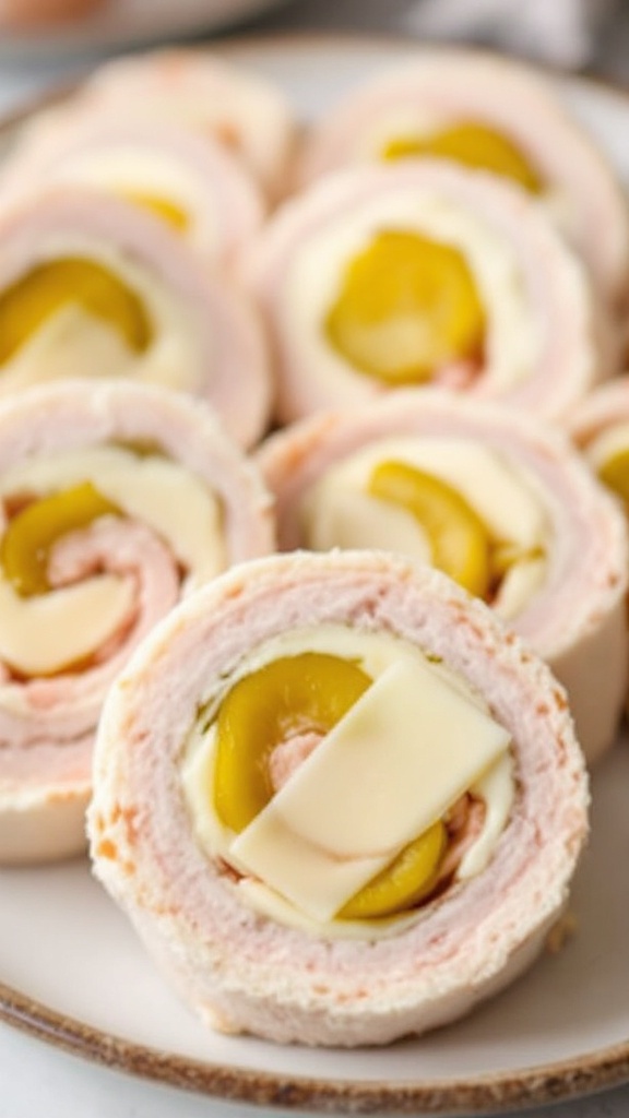 Close-up of turkey and cheese roll-ups with pickles in a circular arrangement