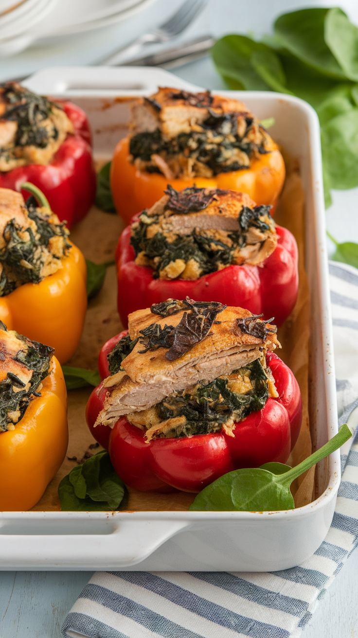 Colorful turkey and spinach stuffed peppers in a baking dish