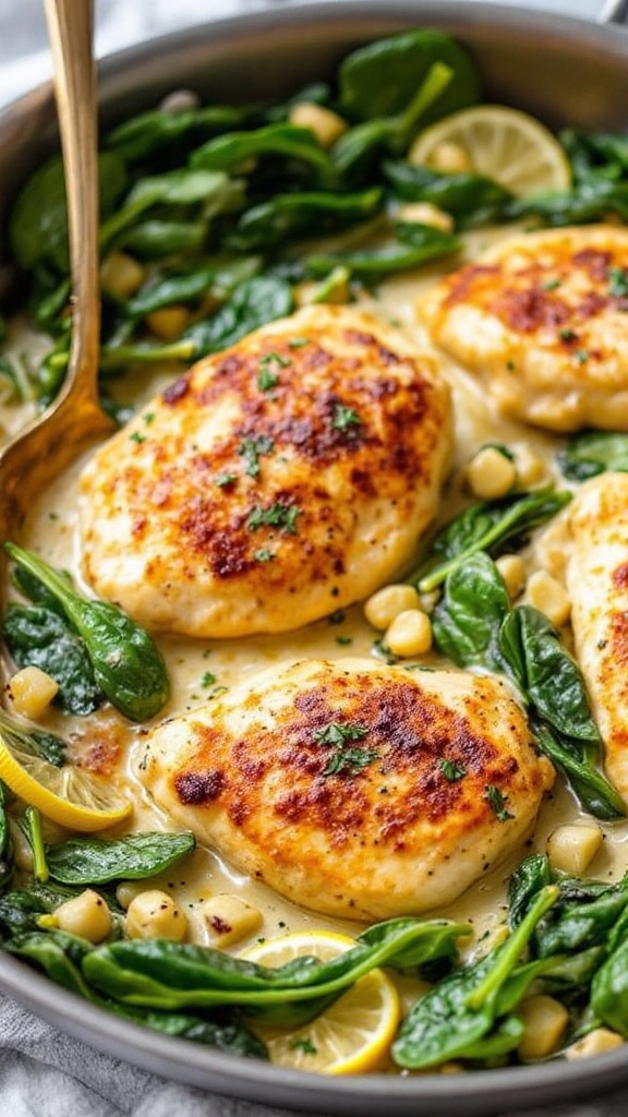 A skillet filled with Tuscan Garlic Chicken featuring seared chicken breasts, fresh spinach, and lemon slices in a creamy sauce.