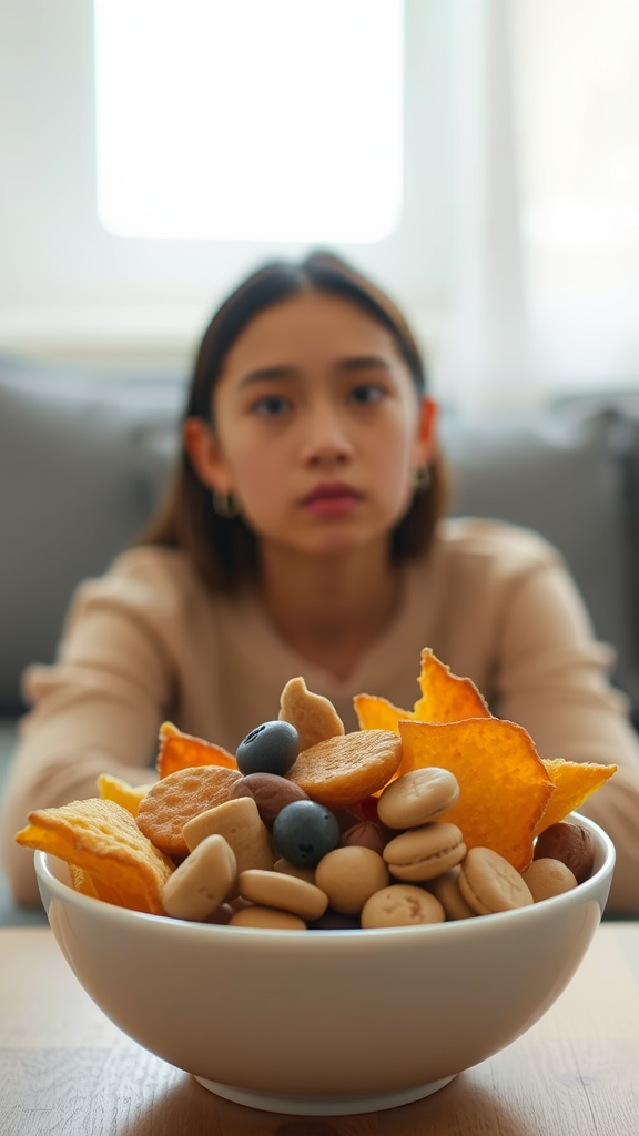 A young woman looking at a bowl of assorted snacks, symbolizing emotional eating.