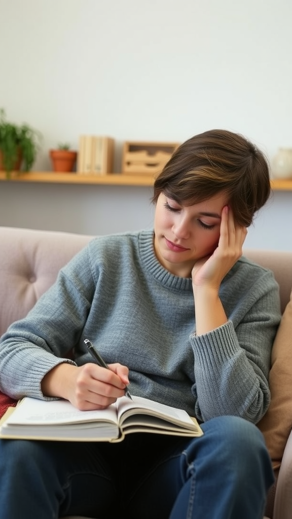 A young person sitting on a couch, writing in a notebook with a thoughtful expression.