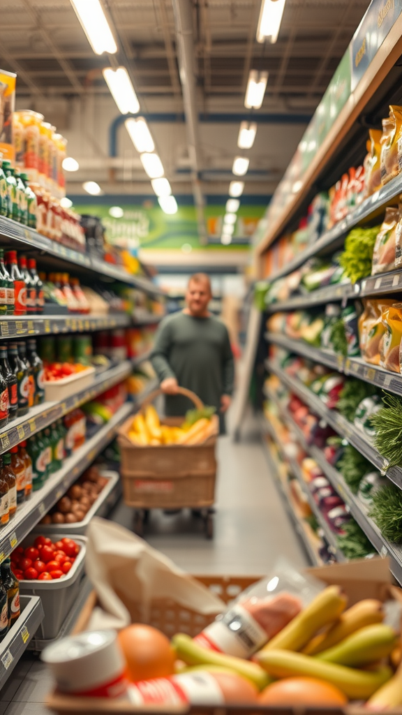 A person holding a grocery list in a grocery store aisle, surrounded by food products.