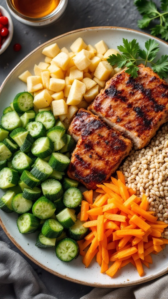 A colorful plate of grilled salmon, barley, cucumbers, carrots, and diced apples.