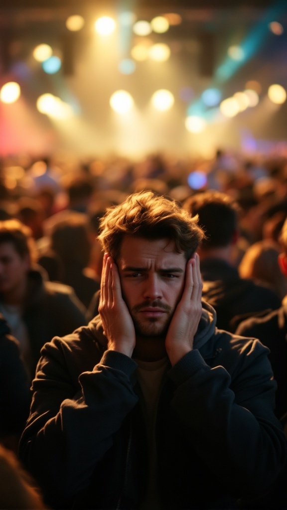 A person with hands on ears looking overwhelmed in a crowded and brightly lit environment.