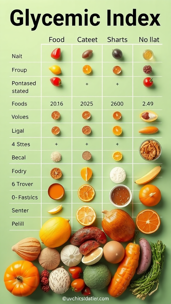 A chart showing the Glycemic Index of various foods, categorized by their sugar impact.