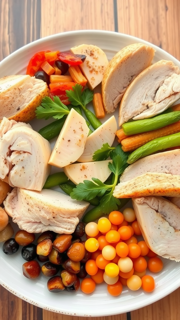 A plate filled with sliced grilled chicken, assorted vegetables, and colorful grains, showcasing a nutritious meal.