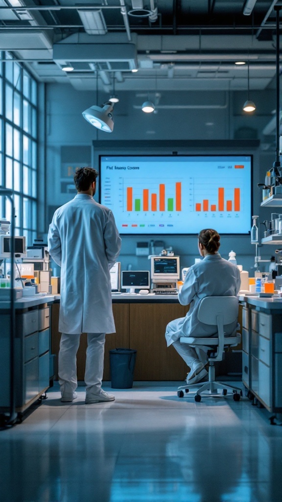 Two scientists in a laboratory analyzing data related to fat burning creams.