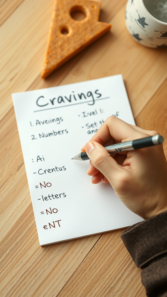 A handwritten list titled 'Cravings' with a slice of cheese on the side and a pen.